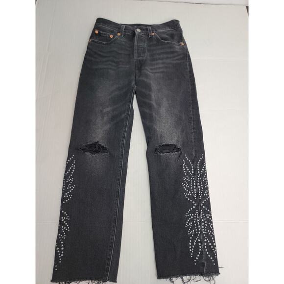 Levis Premium 501 Jean Sz 25 High Rise Embellished Fray Button Fly Big E Gray - Picture 2 of 13
